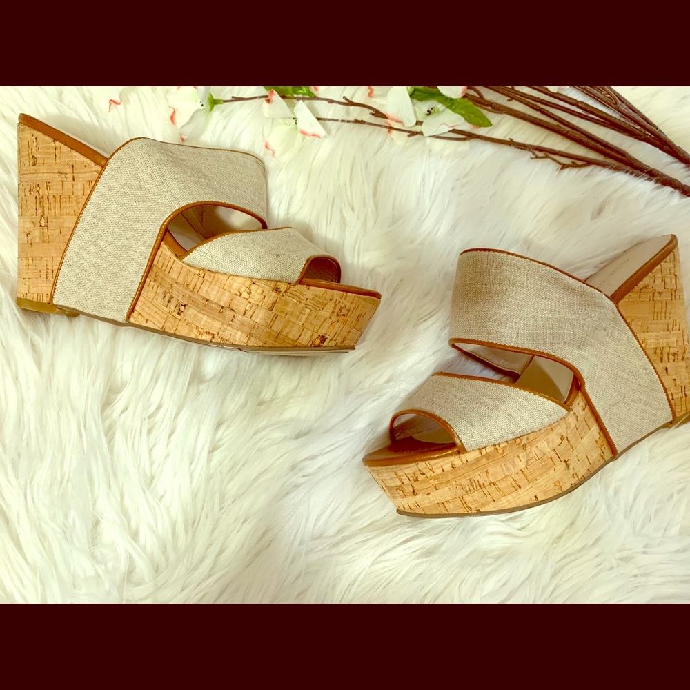 Nine West Beige Tan Cork Wedge Sandals